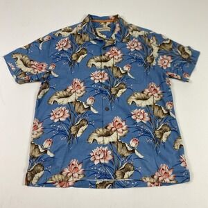 Tommy Bahama Shirt Mens Large Blue IslandZone Hawaiian Silk Blend Floral Camp